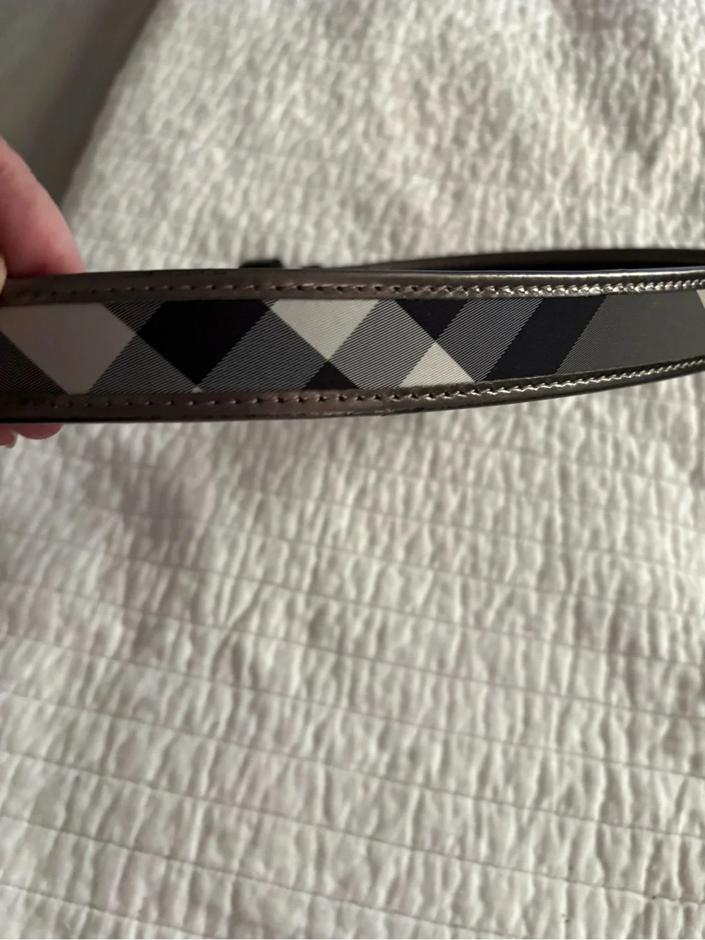 Burberry Gun Metal Beat Check Coated Canvas Patent Leather Buckle Belt 90 CM L